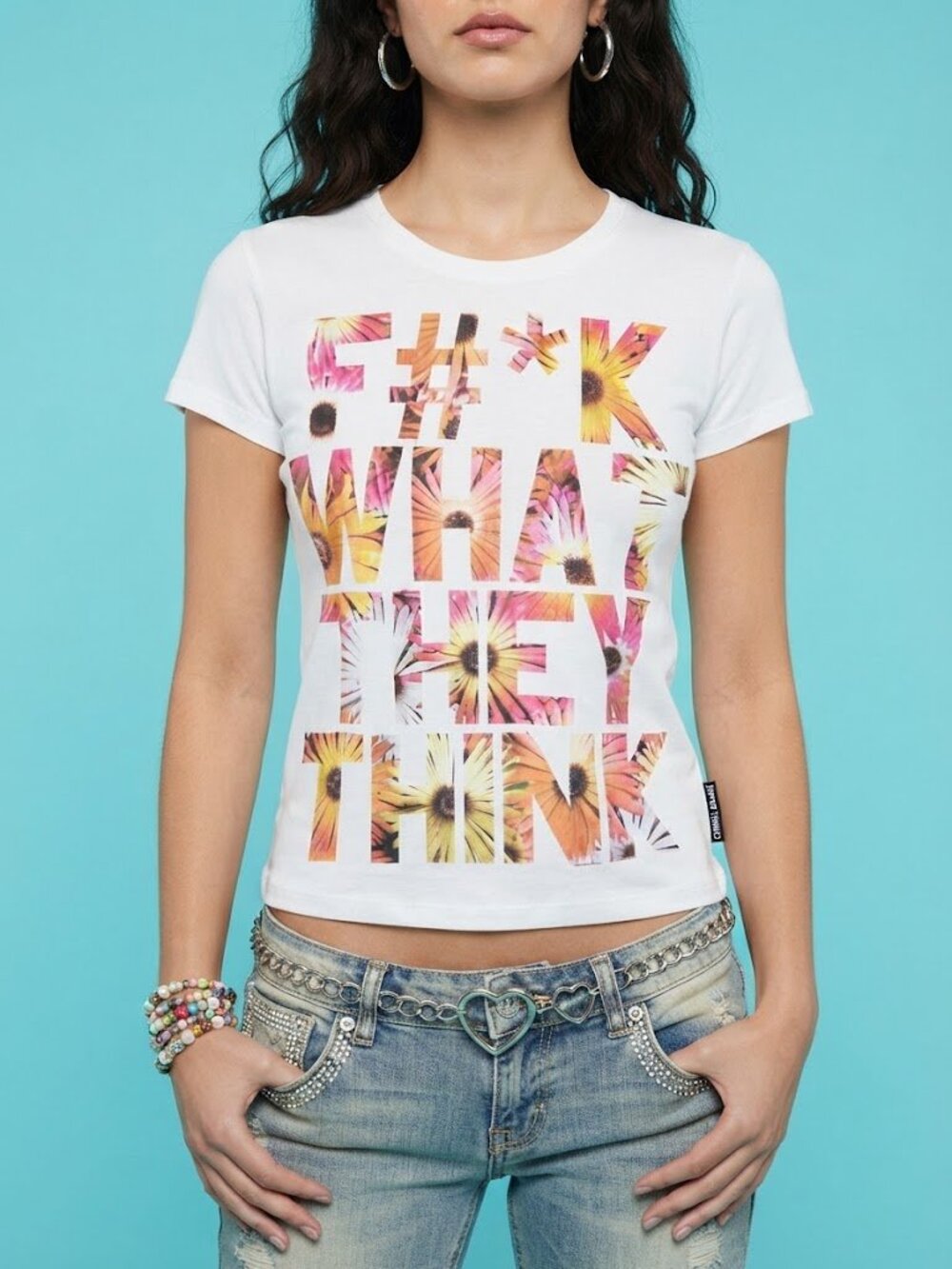 Criminal Damage White Floral Graphic Short Sleeve Tee - 'F#K What They Think'